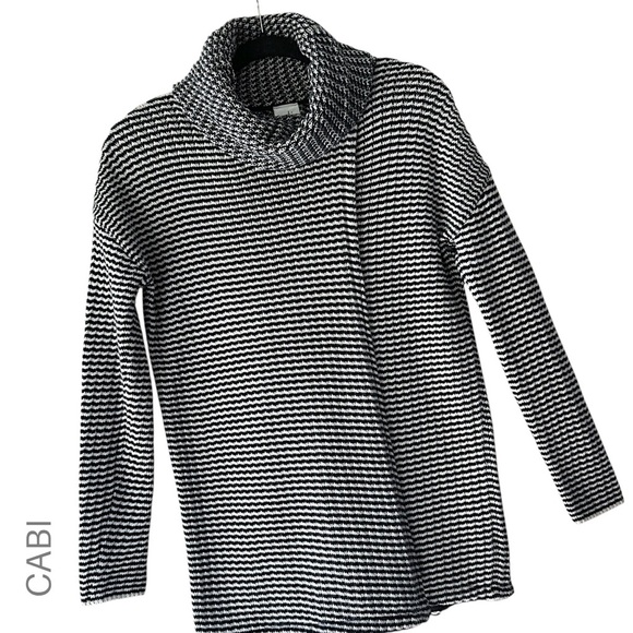 CABI | NWOT FERGIE SPLIT FRONT & BACK COWL NECK COTTON SWEATER BLACK & WHITE SM - Picture 1 of 12